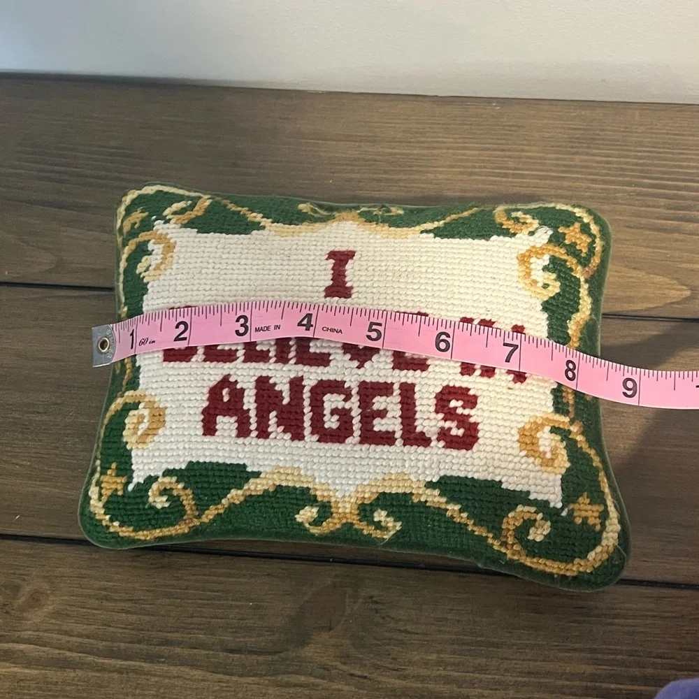 I believe in angels needle point vintage pillow green velour back